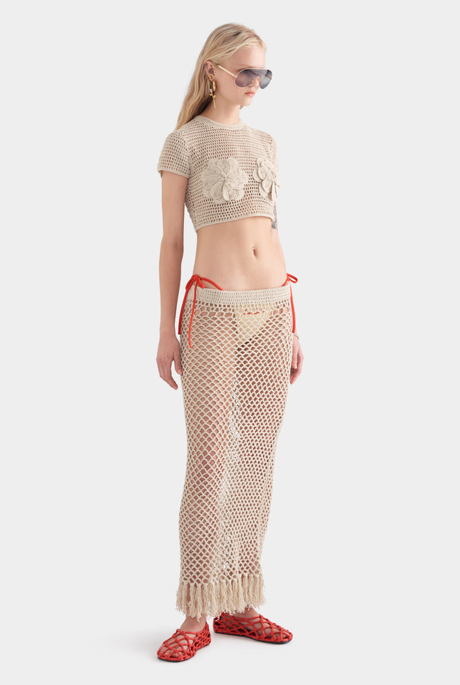 Fringed Crochet Cotton Midi Skirt - Natural