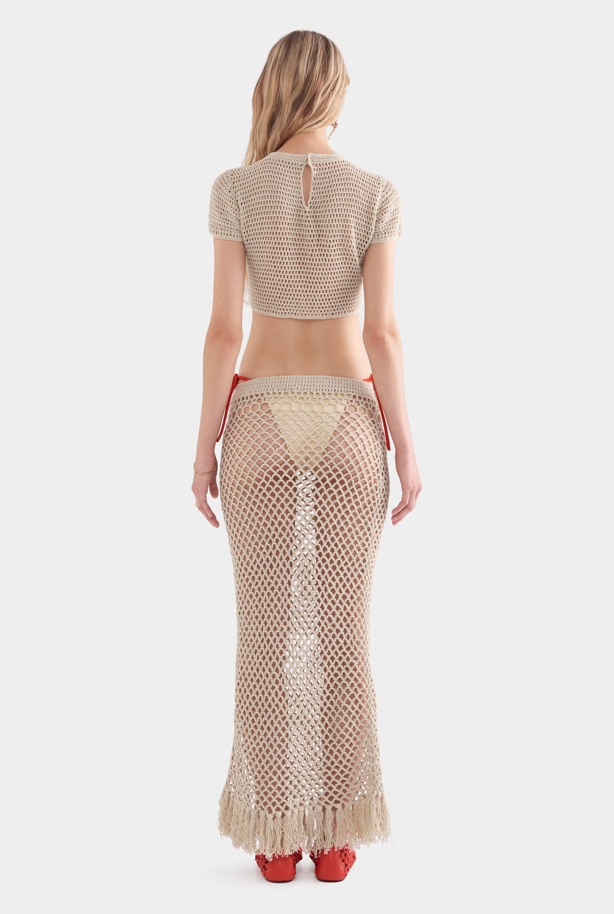Fringed Crochet Cotton Midi Skirt - Natural