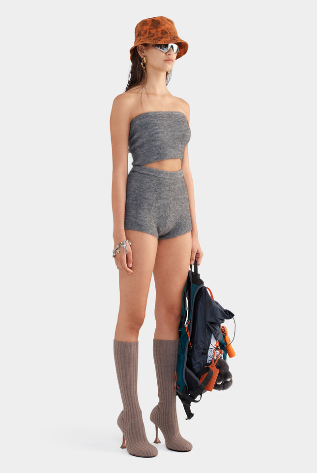 Mohair Wool Knit Strapless Top - Dark Grey Marl
