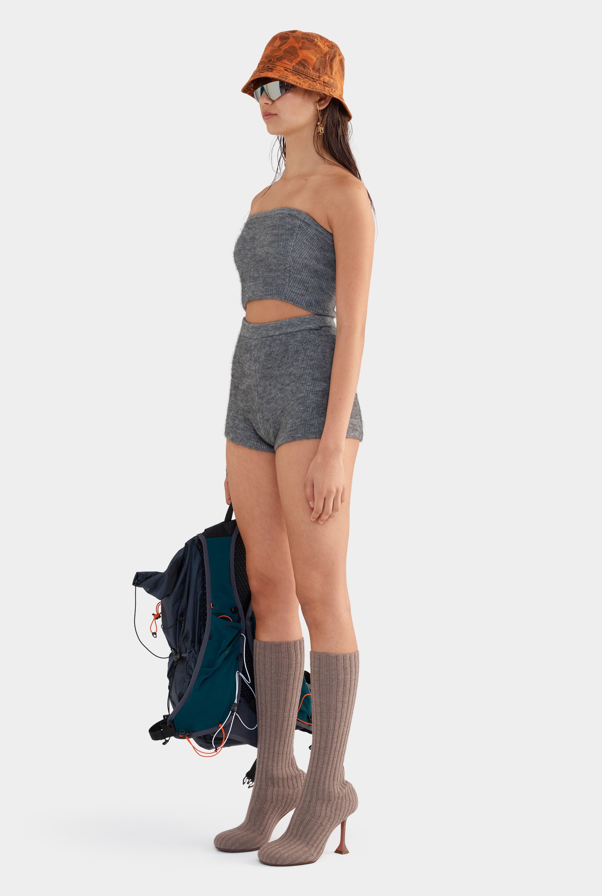 Mohair Wool Knit Strapless Top - Dark Grey Marl