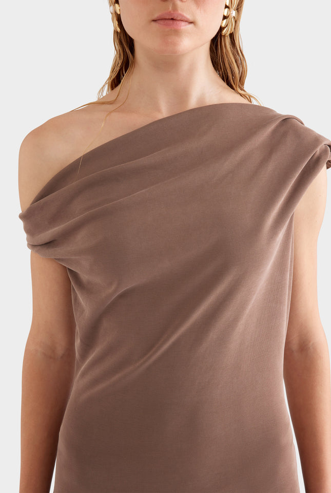 Asymmetrical Draped Jersey Dress - Chestnut