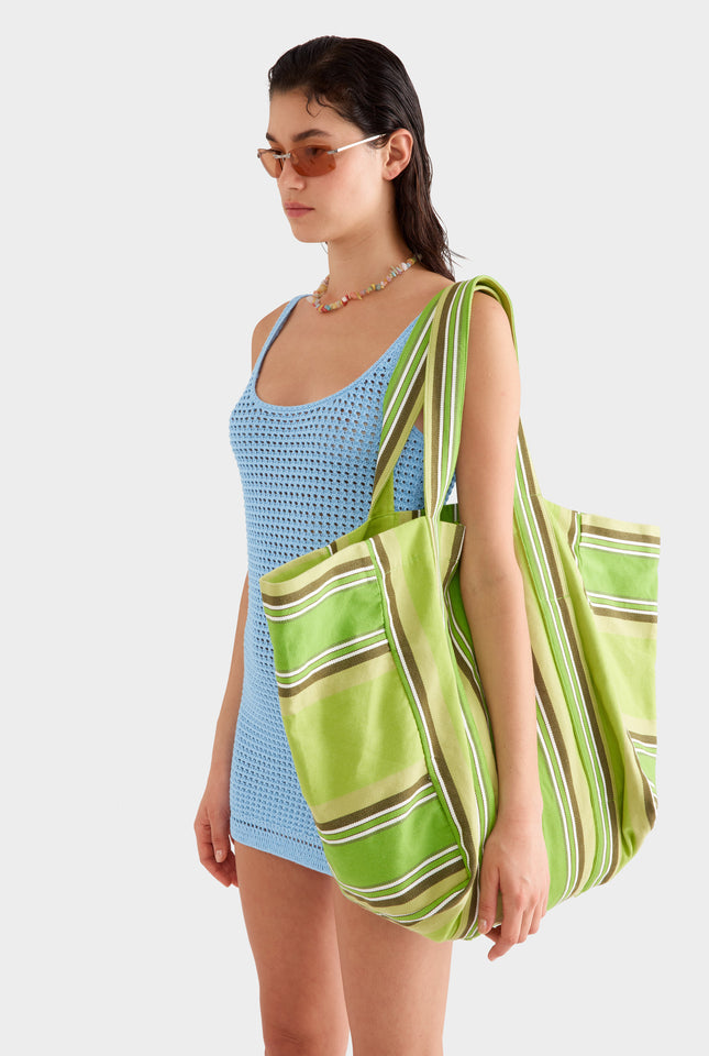 Woven Stripe Beach Tote -  Green Stripe