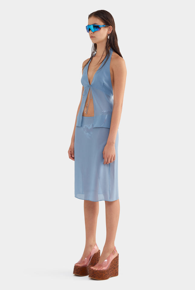 Sheer Silk Halter Top - Steel Blue