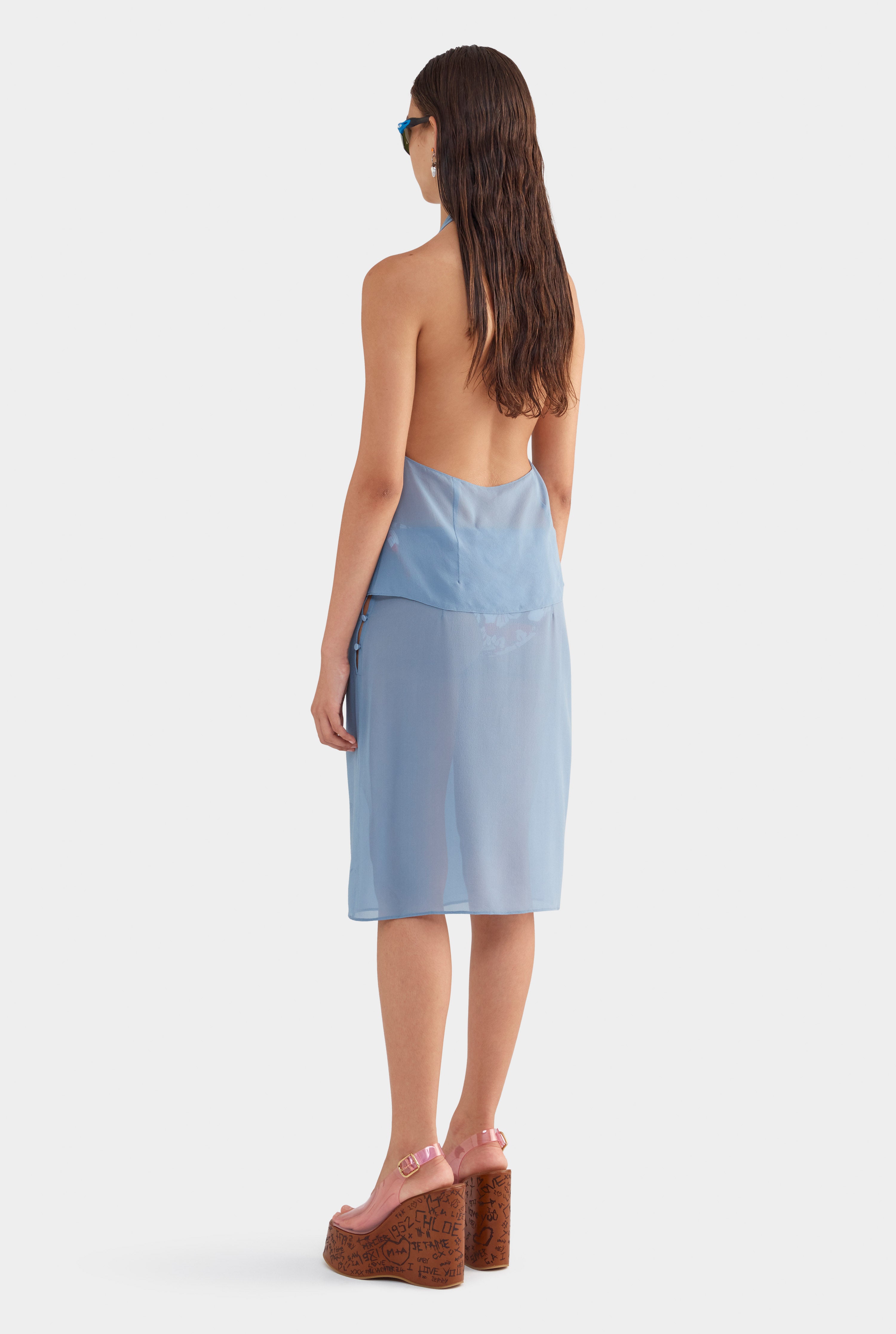 Knee Length Sheer Silk Skirt - Steel Blue