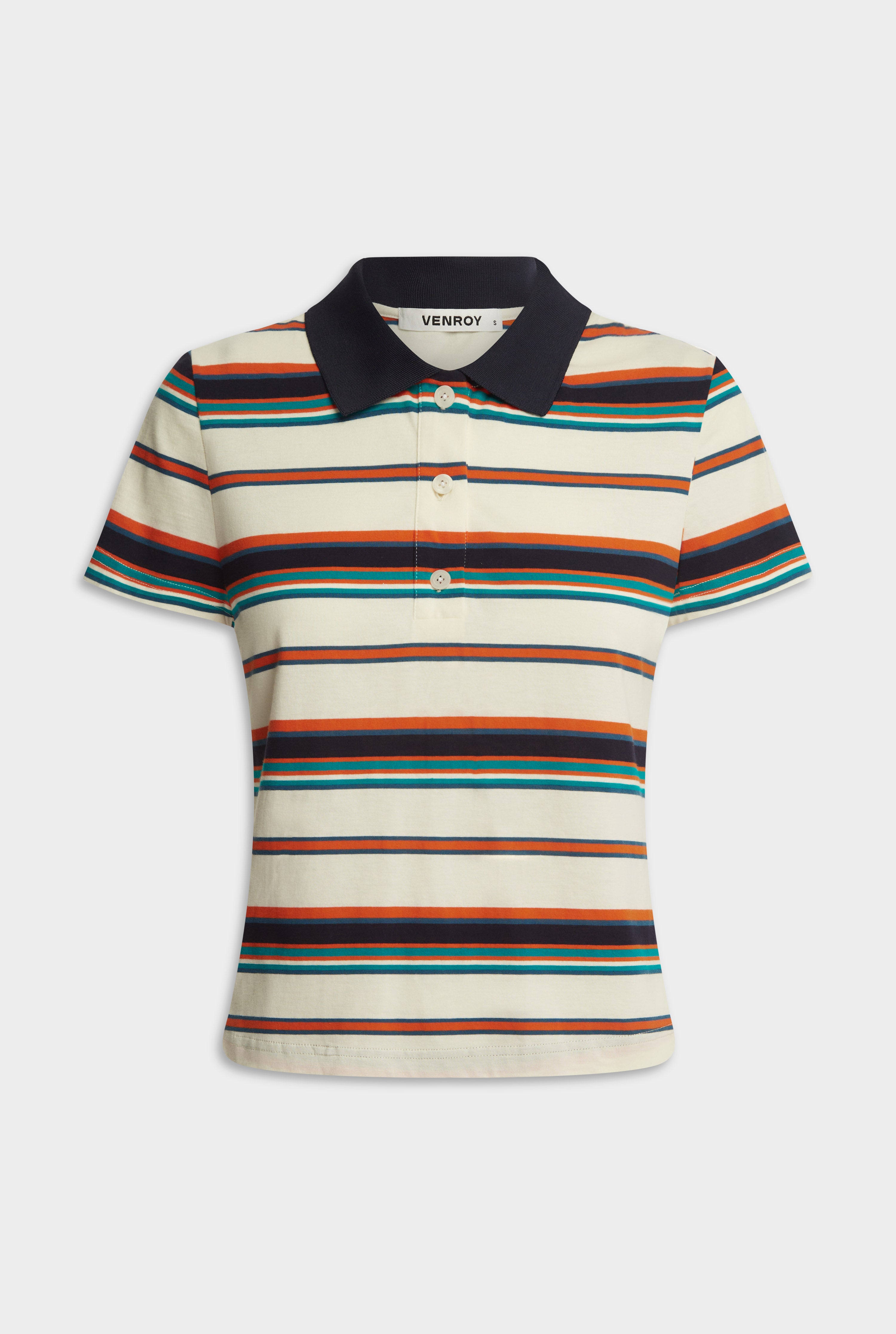 Short Sleeve Striped Jersey Polo - Cream/Teal/Orange Stripe
