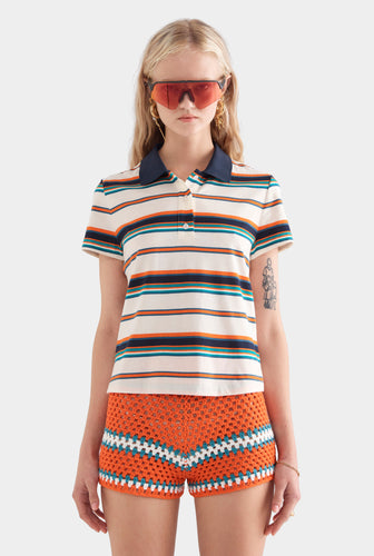 Short Sleeve Striped Jersey Polo - Cream/Teal/Orange Stripe