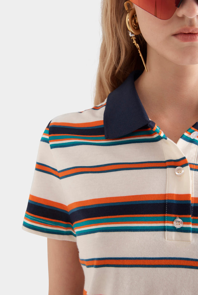 Short Sleeve Striped Jersey Polo - Cream/Teal/Orange Stripe
