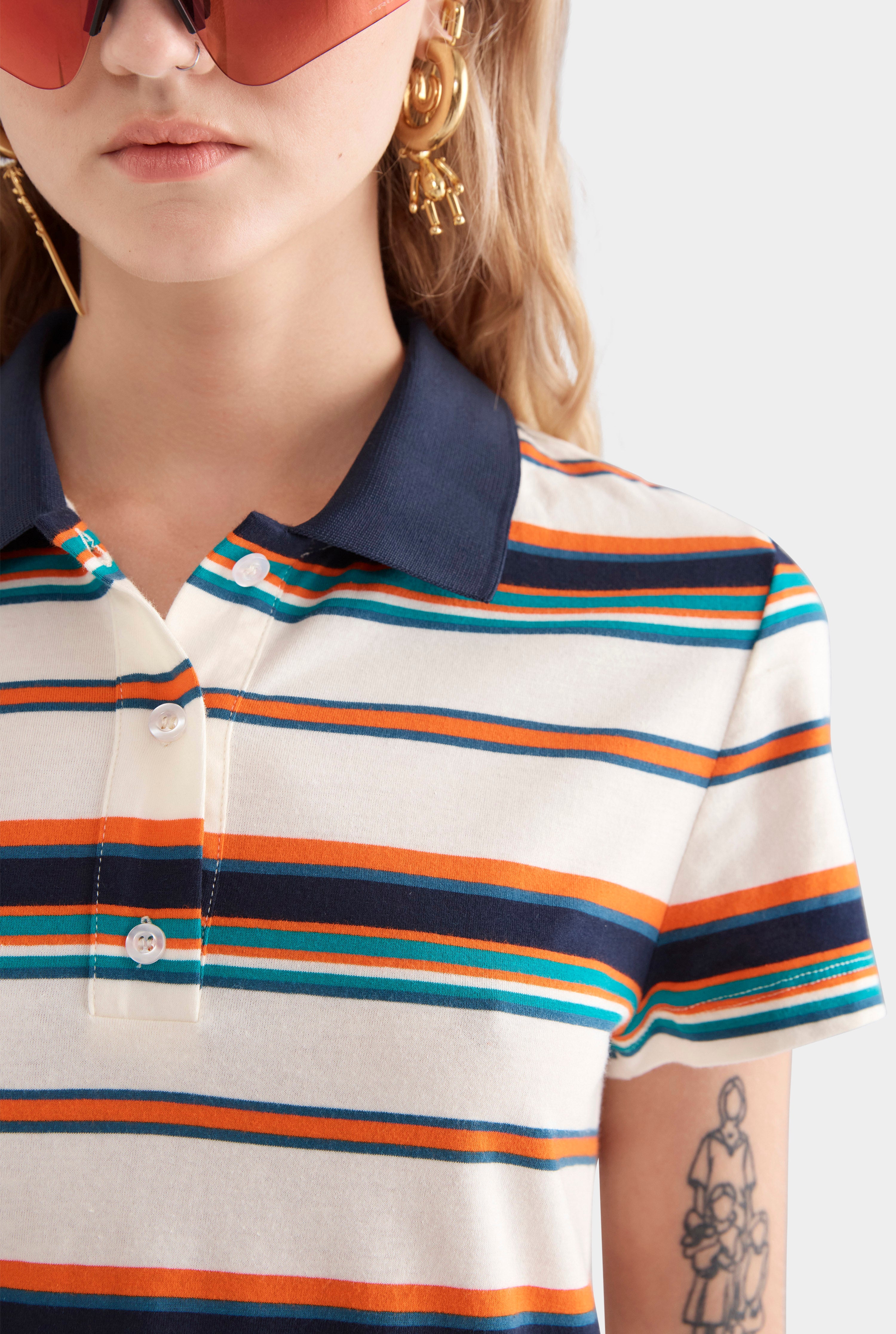 Short Sleeve Striped Jersey Polo - Cream/Teal/Orange Stripe