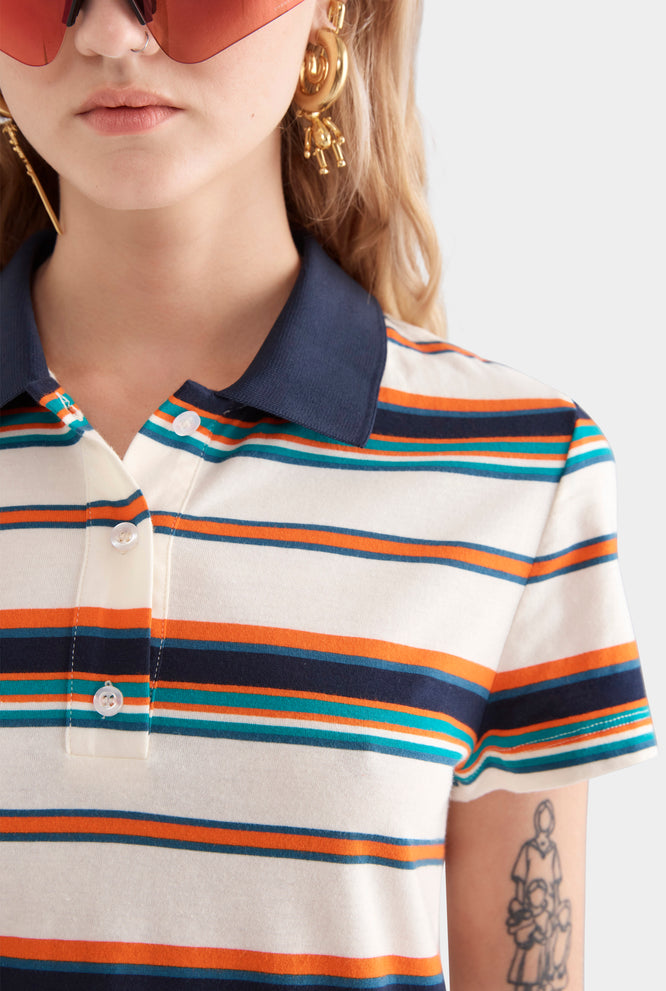 Short Sleeve Striped Jersey Polo - Cream/Teal/Orange Stripe