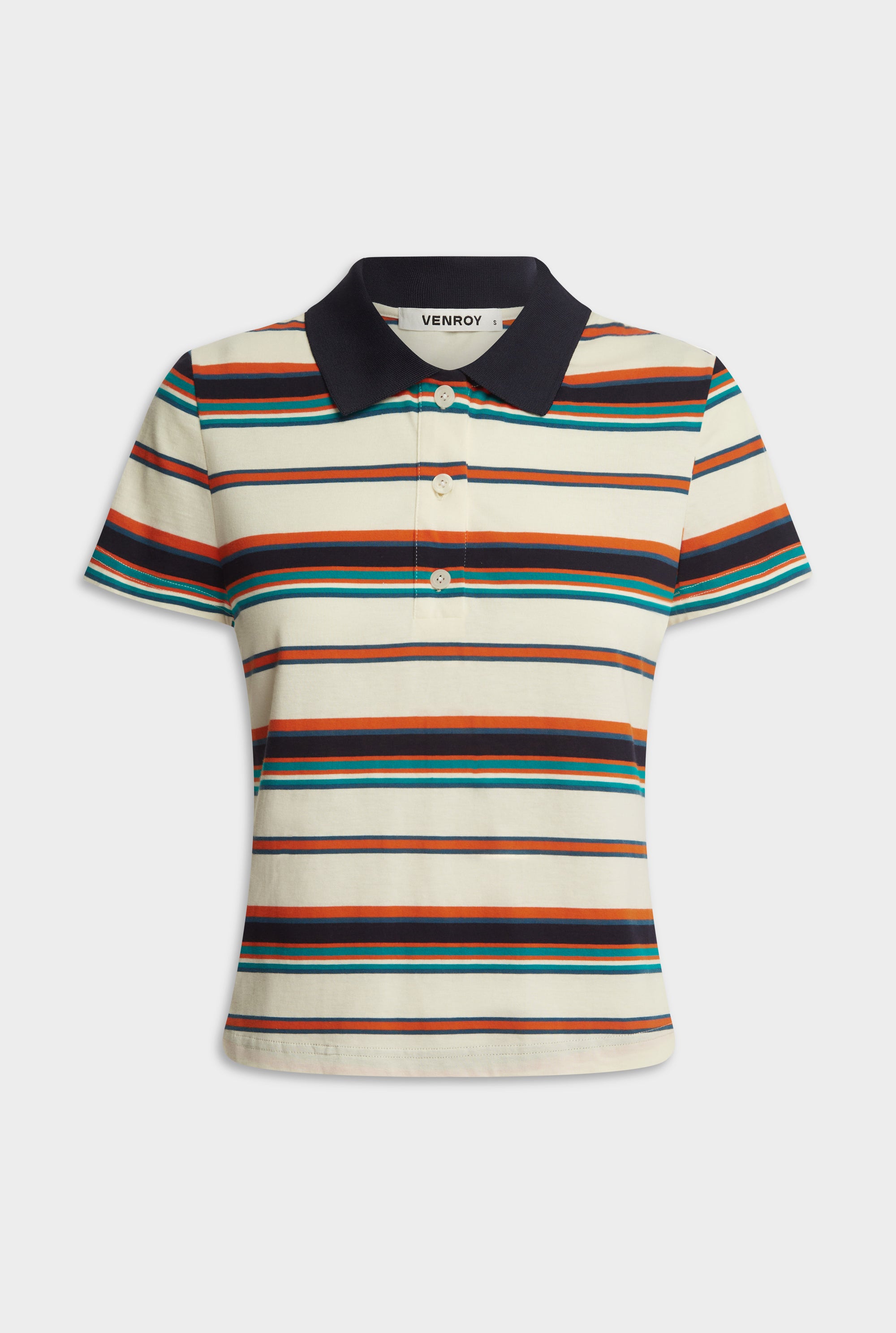 Short Sleeve Striped Jersey Polo - Cream/Teal/Orange Stripe