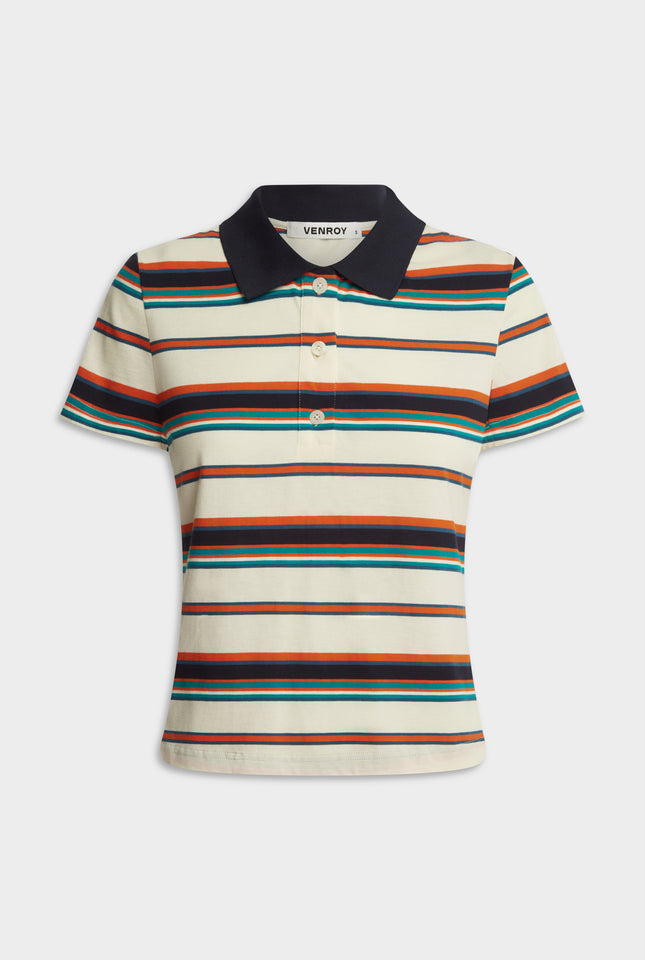 Short Sleeve Striped Jersey Polo - Cream/Teal/Orange Stripe