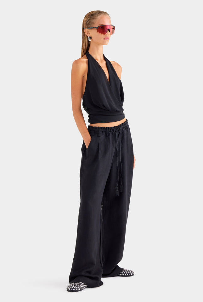 Silk Linen Relaxed Pleat Front Pant - Black