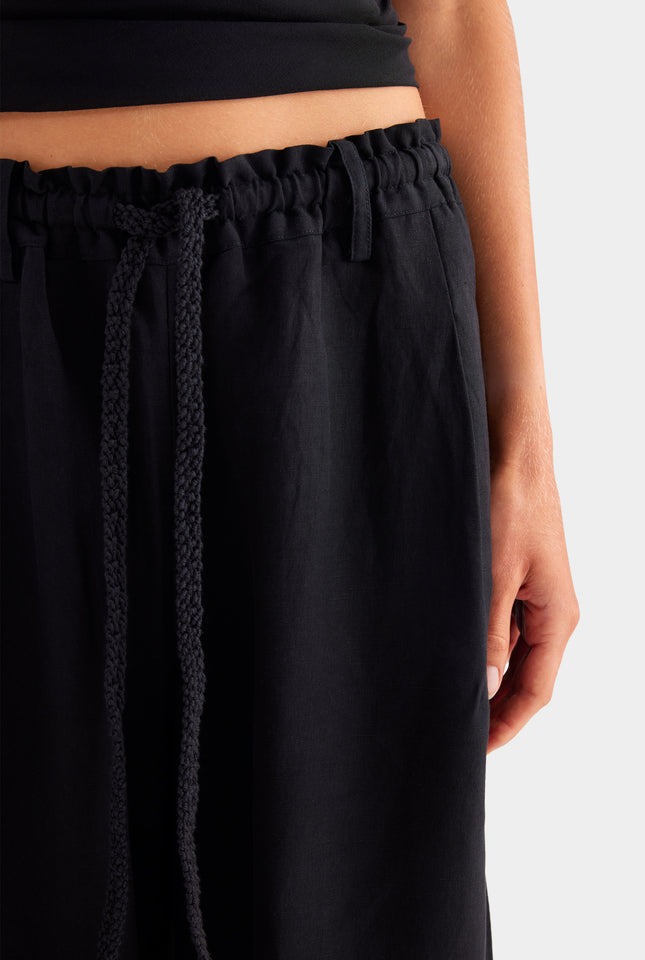 Silk Linen Relaxed Pleat Front Pant - Black