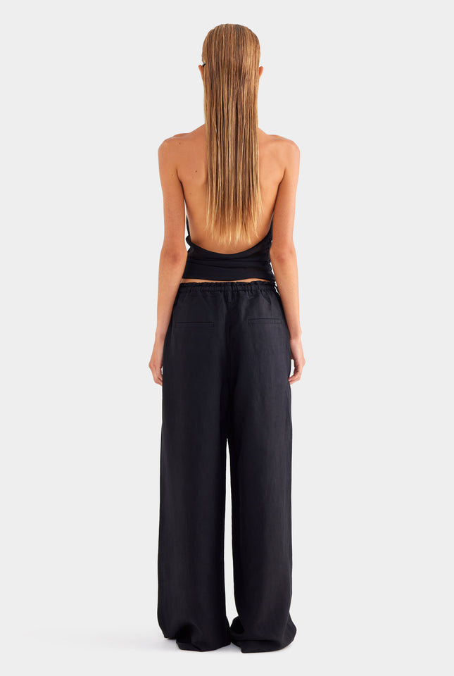 Silk Linen Relaxed Pleat Front Pant - Black