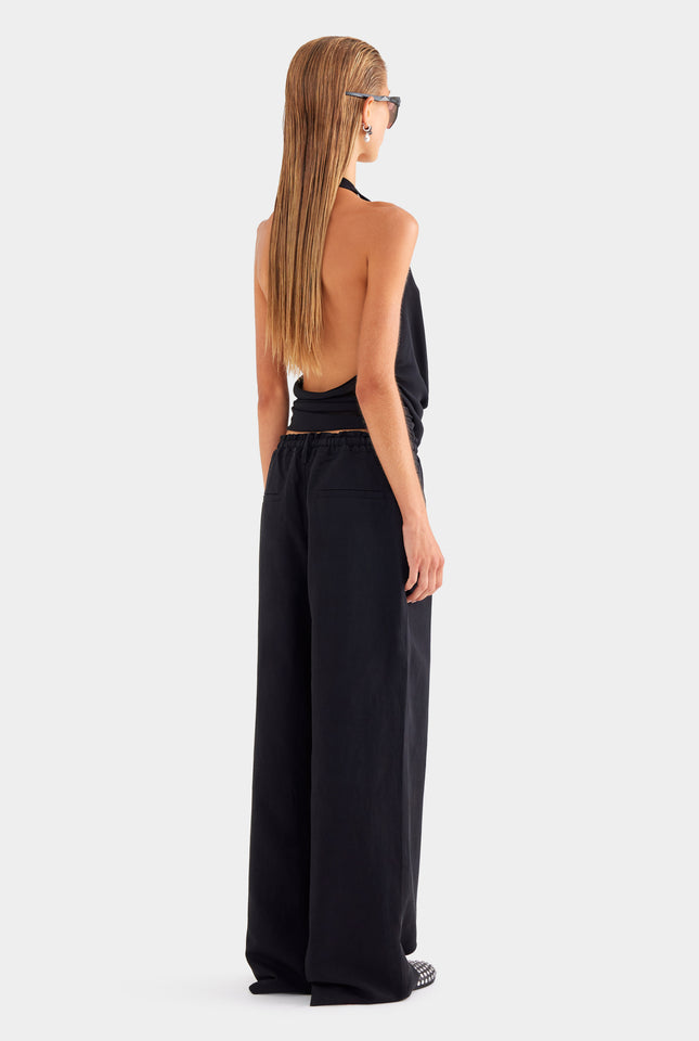 Silk Linen Relaxed Pleat Front Pant - Black