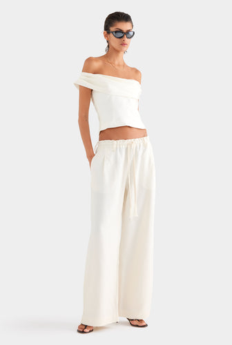 Silk Linen Relaxed Pleat Front Pant - Cream
