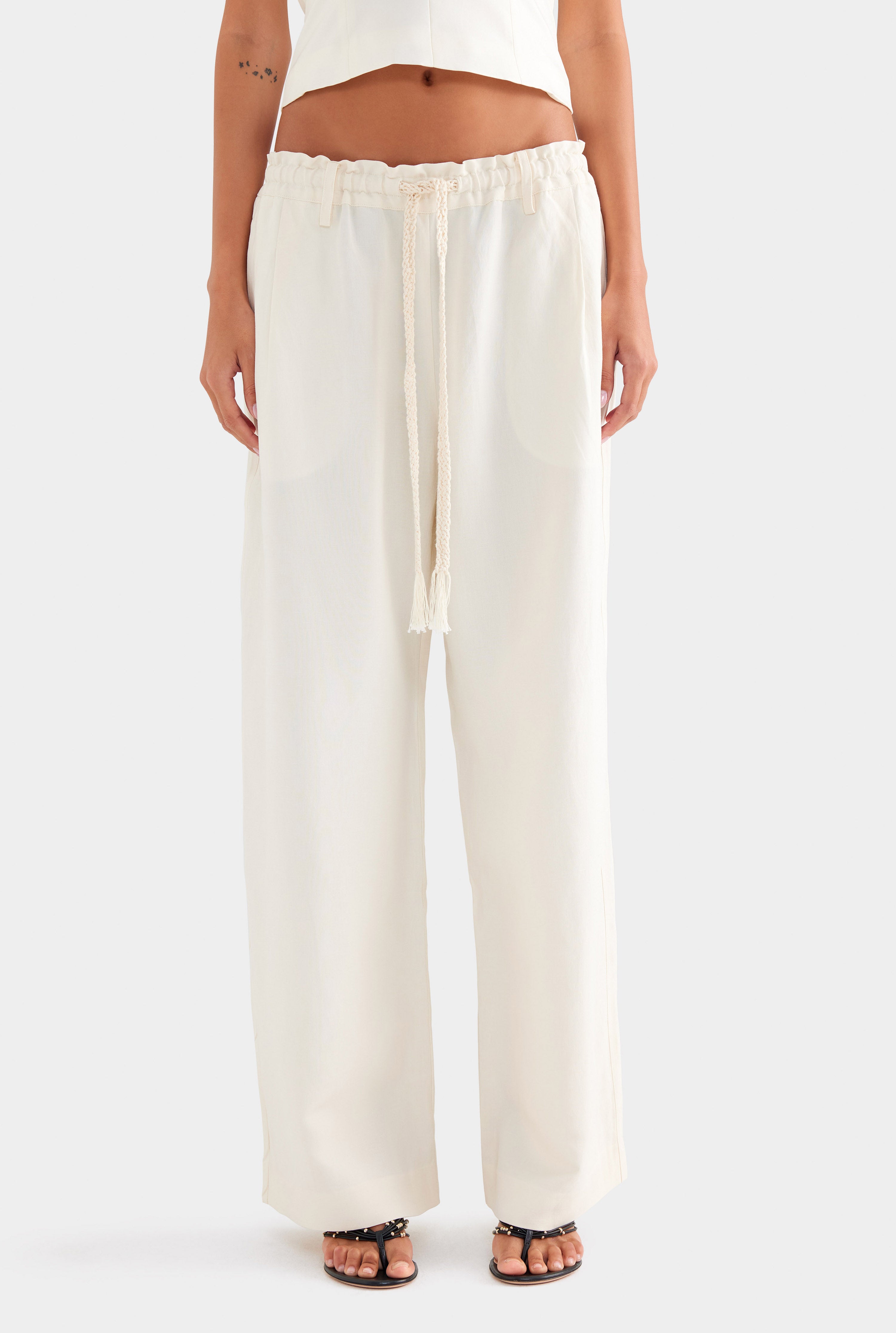 Silk Linen Relaxed Pleat Front Pant - Cream