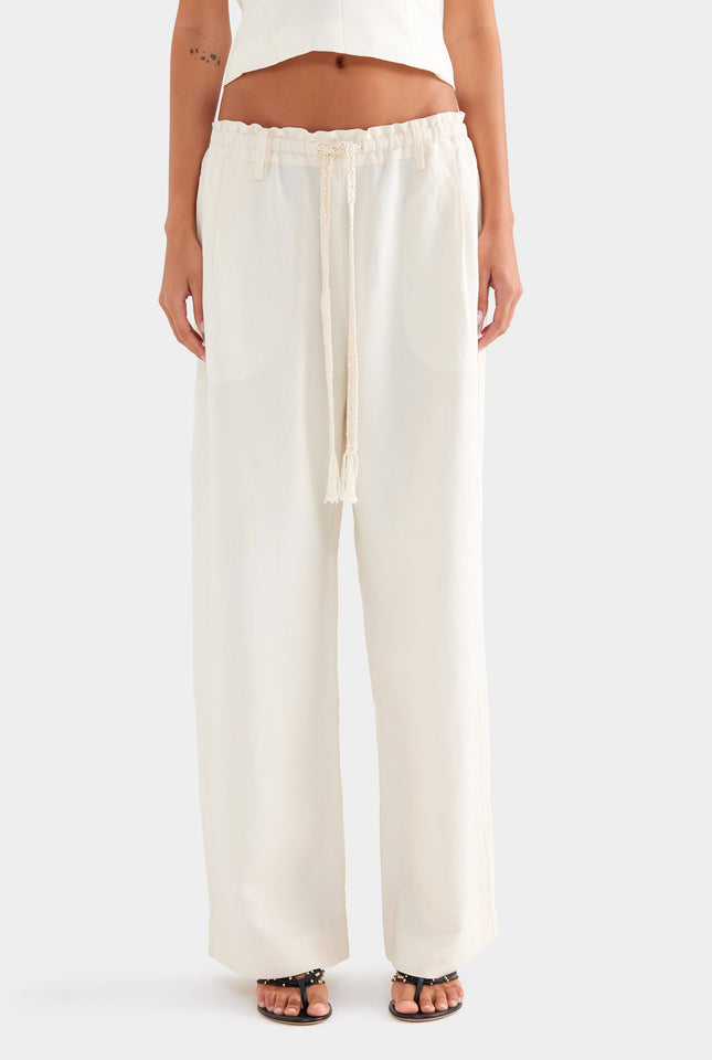 Silk Linen Relaxed Pleat Front Pant - Cream