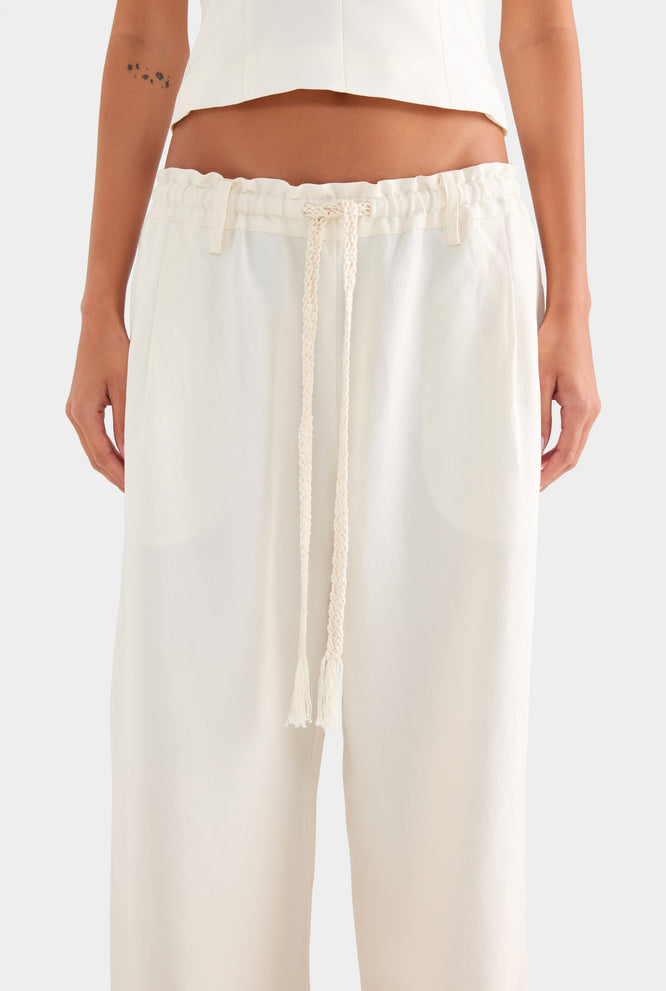 Silk Linen Relaxed Pleat Front Pant - Cream