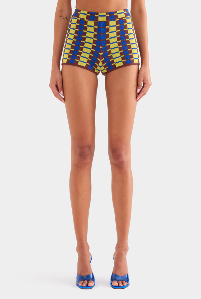 Terry Knit Shorts - Dijon/Blue/Brown Geo Check