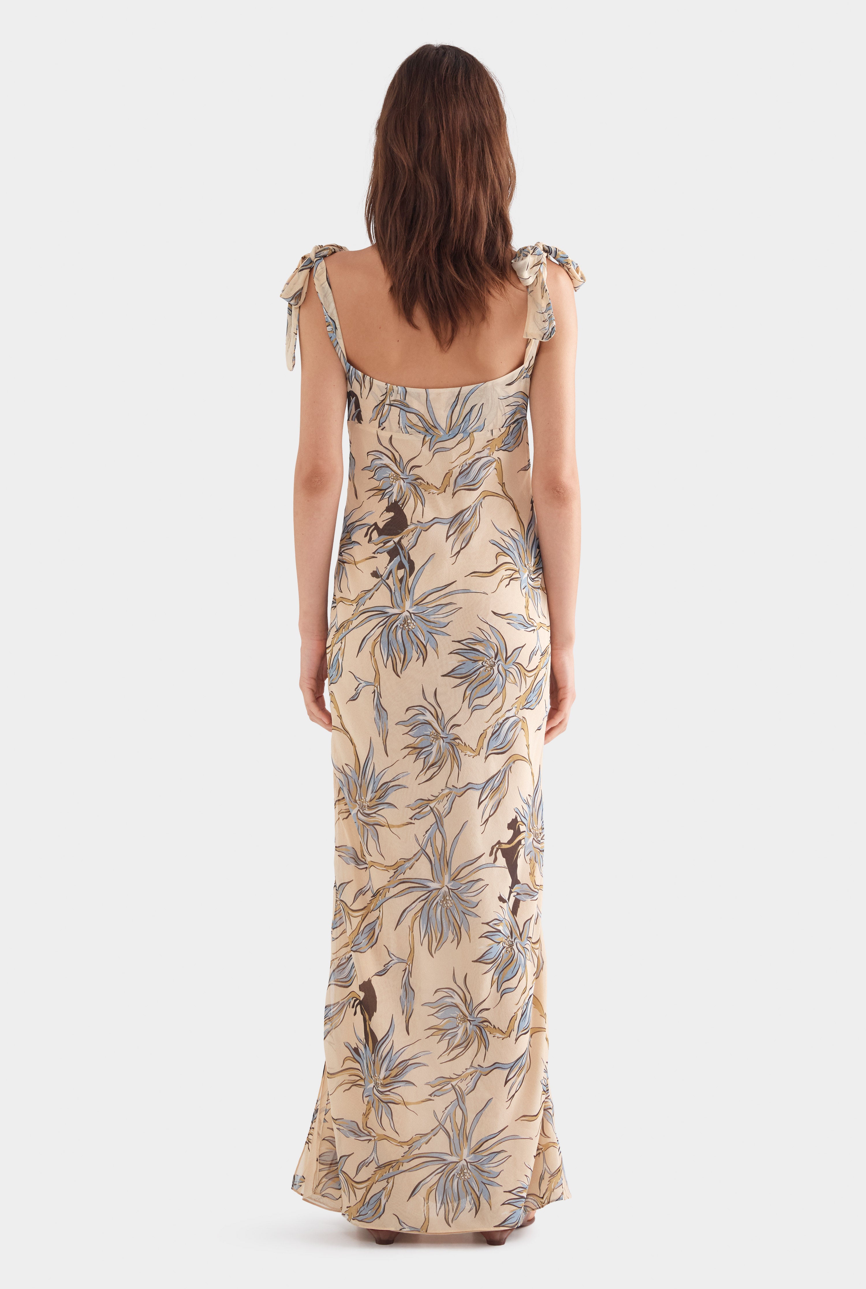 Tie Shoulder Silk Maxi Dress - Beige Floral Horse Print