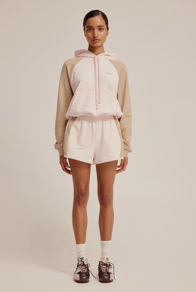 Contrast Cropped Track Hoodie - Pale Pink/Walnut