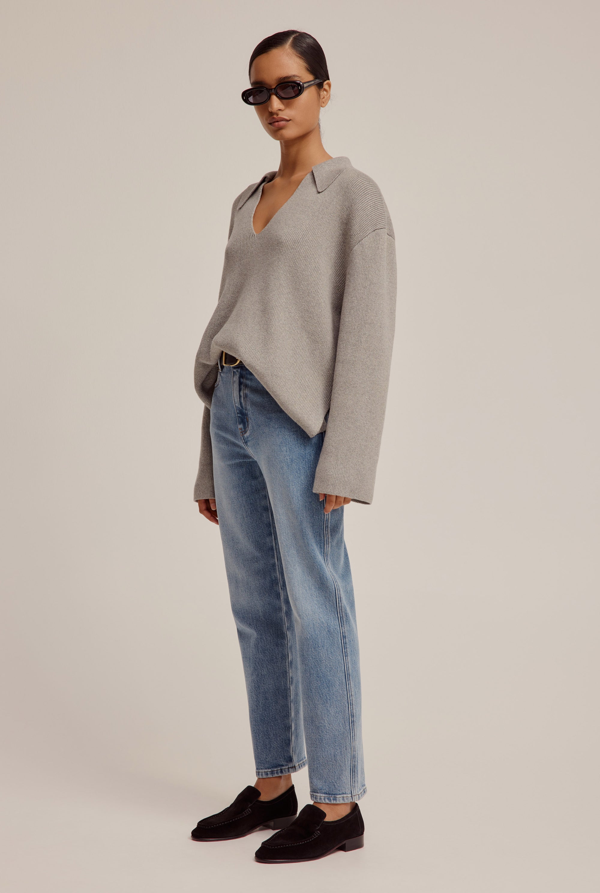 Cotton Cashmere Oversized Open Neck Sweater - Grey Marl
