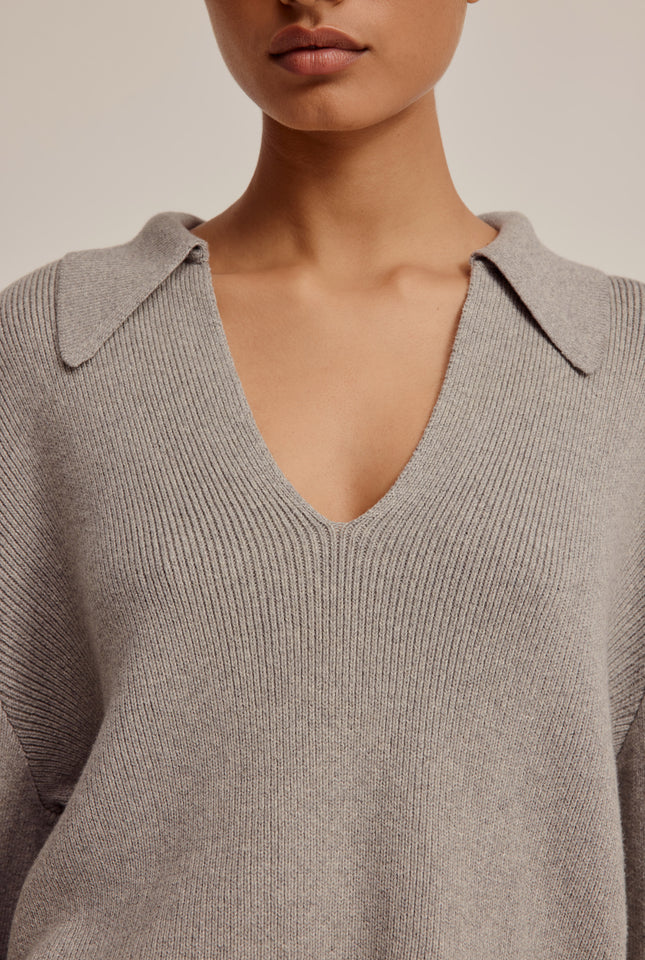 Cotton Cashmere Oversized Open Neck Sweater - Grey Marl