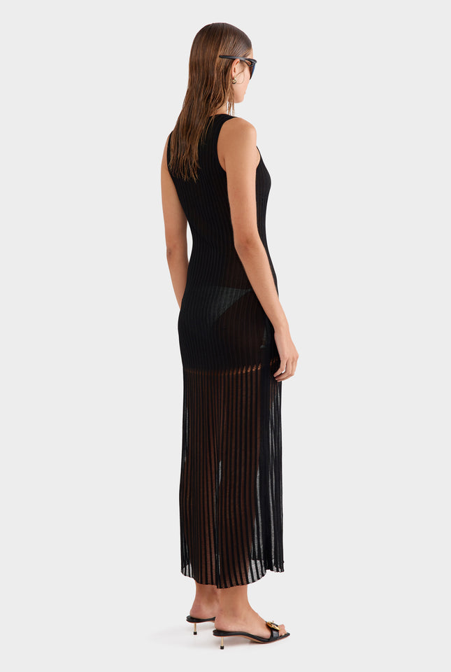 Drop Needle Rib Knitted Tank Dress - Black