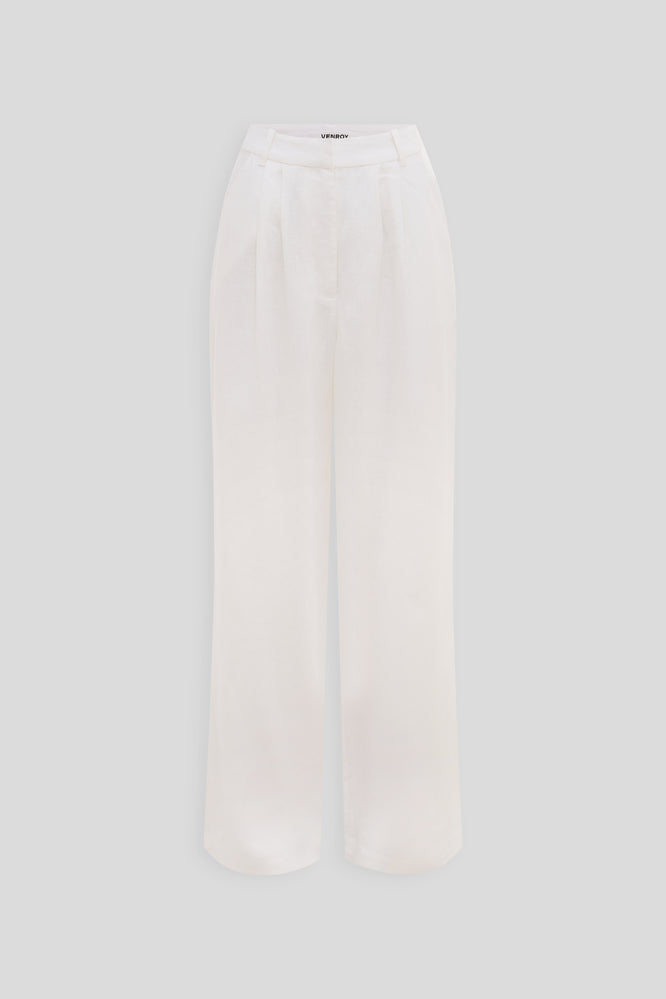 Fixed Waist Linen Trouser - White