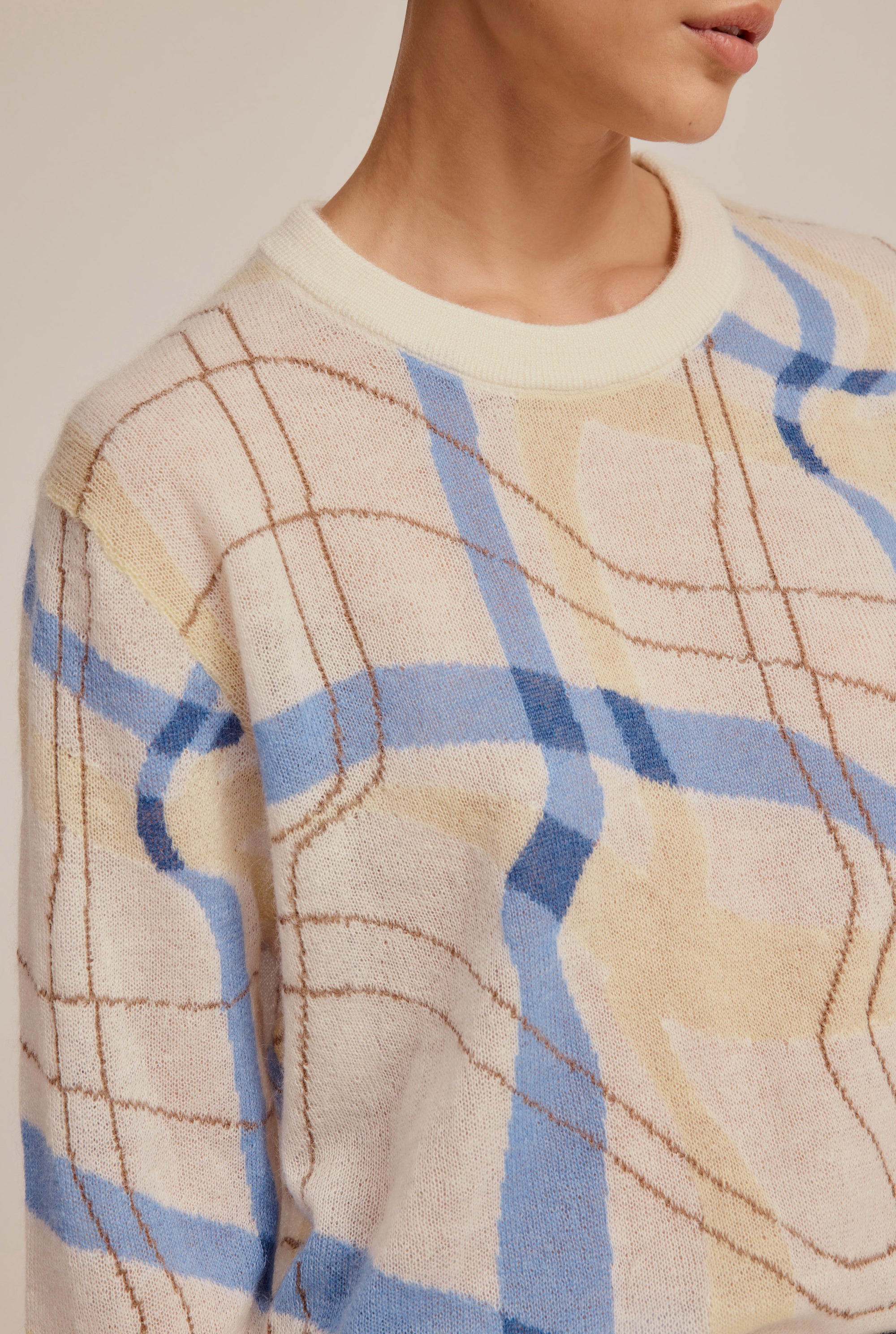 Mohair Intarsia Warped Check Knit Sweater - Cream/Blue Check