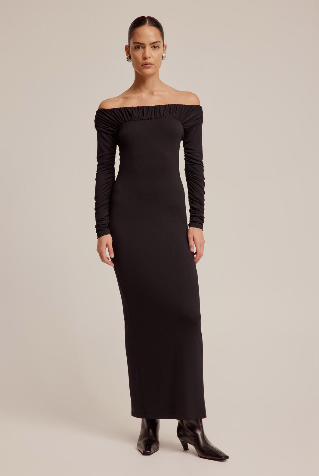 Off Shoulder Ruched Jersey Dress - Black