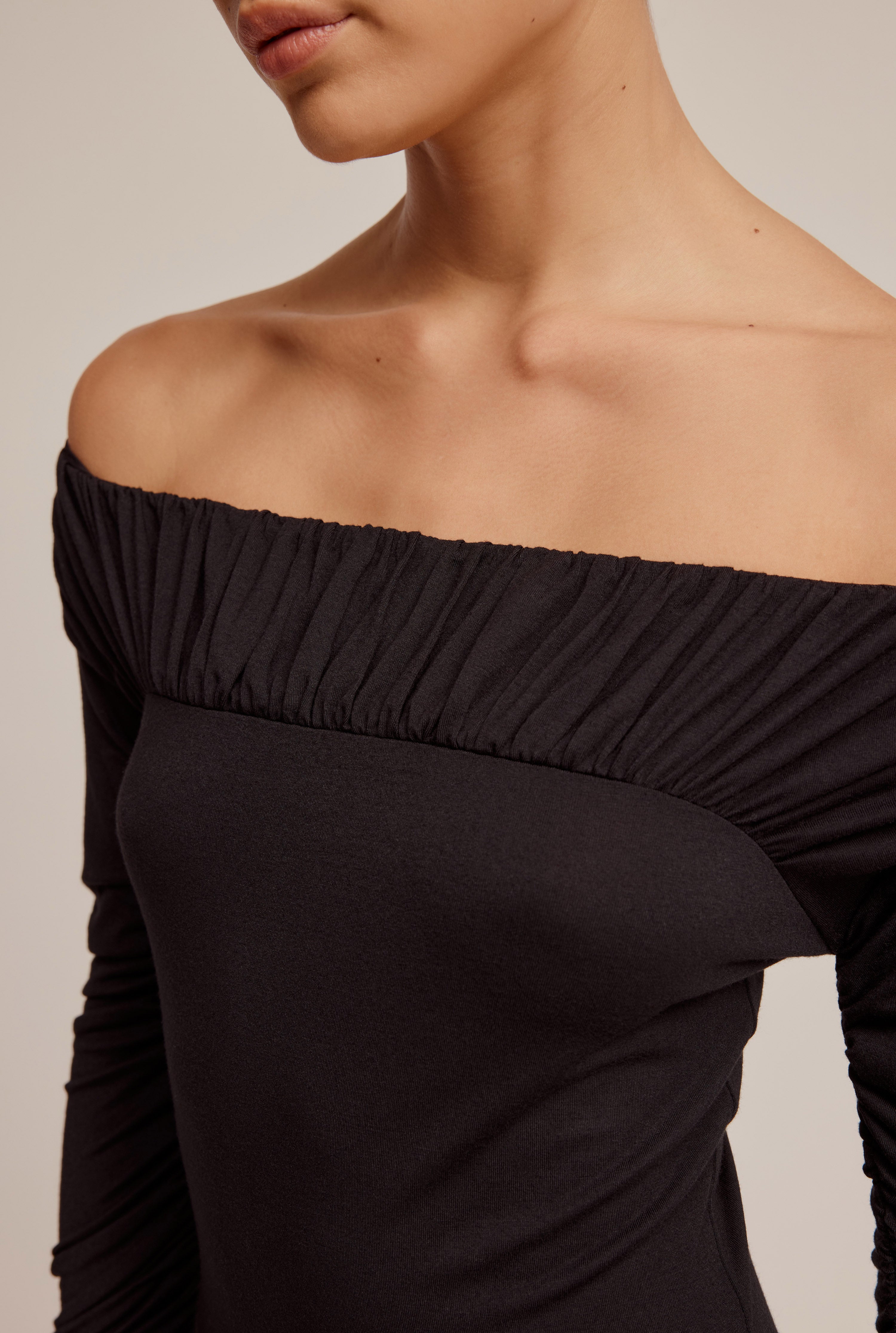 Off Shoulder Ruched Jersey Dress - Black