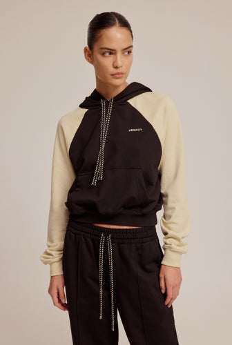 Contrast Cropped Track Hoodie - Black/Pale Straw