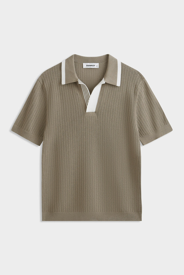 Stripe Collar Cotton Knit Open Neck Polo - Latte/Cream