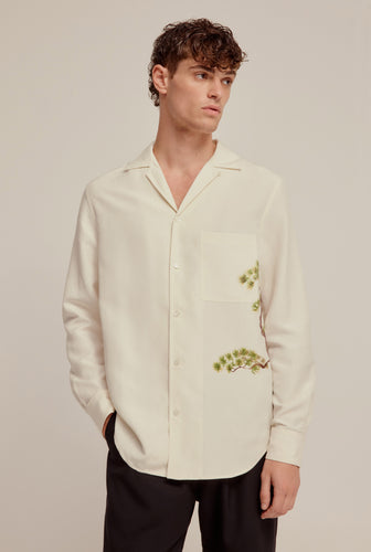 Printed Long Sleeve Silk Linen Camp Collar Shirt - Cream Bonsai